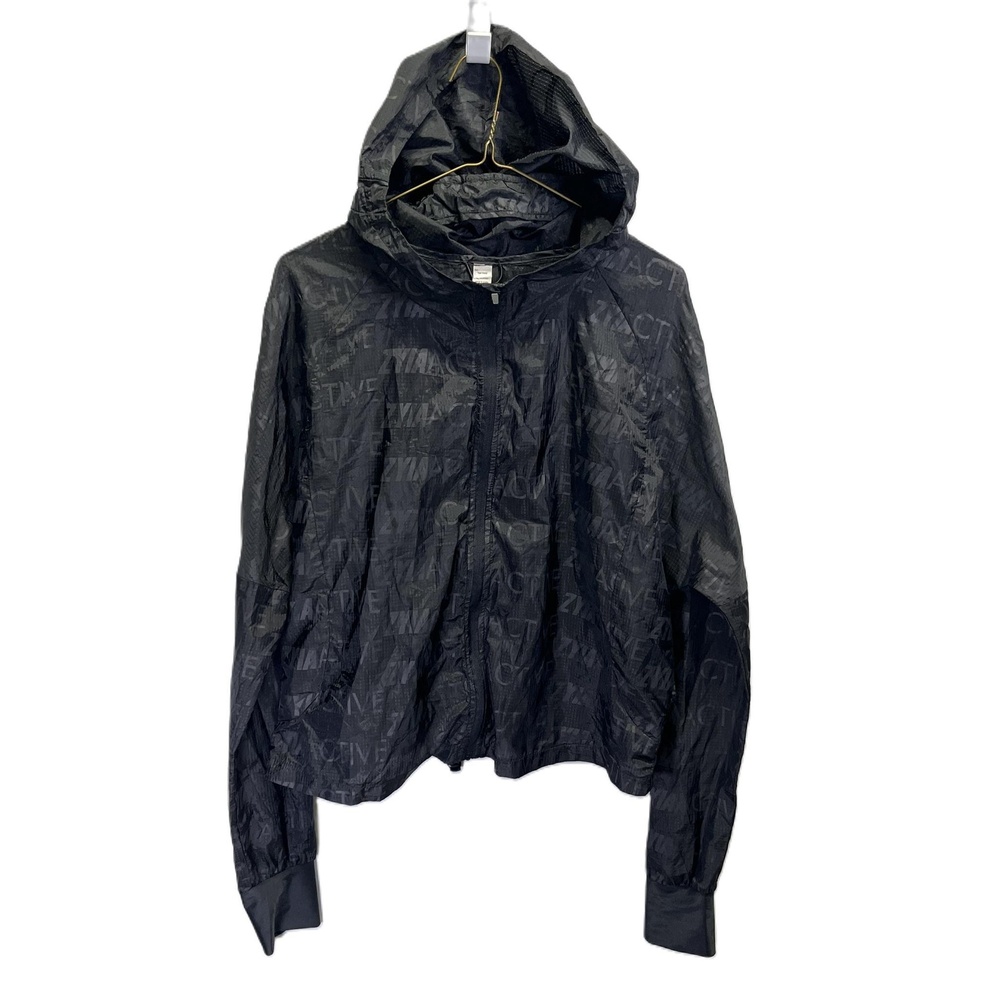 Zyia‎ Active Womens Black Hooded Zip-Up Printed Rain Jacket Self Storing Large